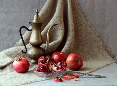 Still life with fruit and a kettle rarity.の写真素材