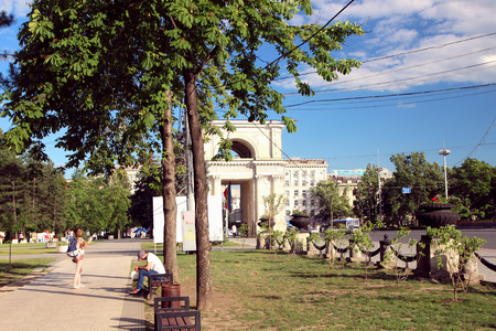 June 15, 2017, Chisinau, Moldova, View of the Victory Arch and square in clear evening time.のeditorial素材