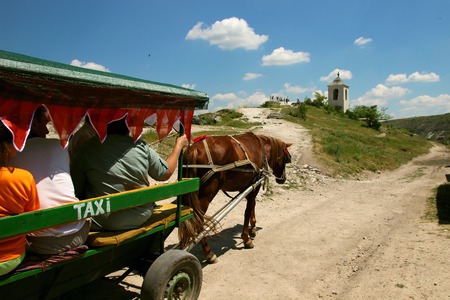 June 25, 2017, Moldova, Old Orhei, A horse harnessed to a tent serving as a taxi.の写真素材