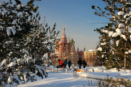 01 February 2018, Moscow, Russia, A view of the temple of St. Basil the Blessed in the background of the winter forest zone.
のeditorial素材