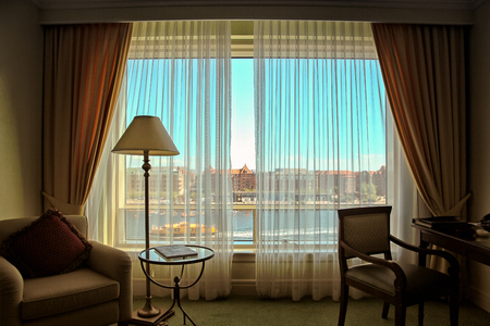 Photo taken in a hotel room in city center of Copenhagen, Denmark. View on a canalの写真素材