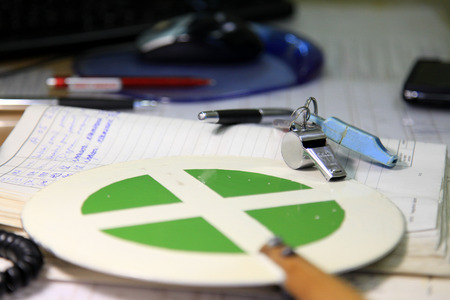 dispatcher tools, train dispatcher, whistle, pens, stick, notepad, worktableの写真素材
