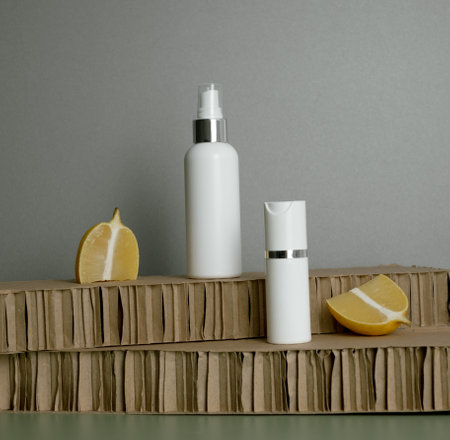 Minimalist composition of white cosmetic bottles on a clean surface.の写真素材