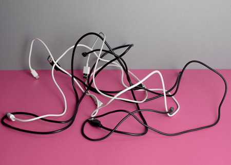 Tangled charging cables on a surfaceの写真素材