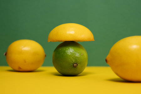 Still Life with Lemons and Lime on Yellow-Green Backgroundの写真素材