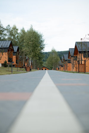 Modern wooden cottages in a resortの写真素材