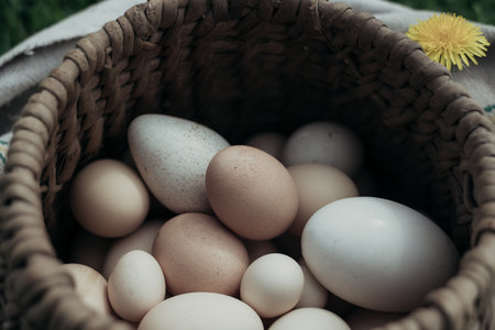 White and brown eggs in a wicker basket on the grass.の写真素材