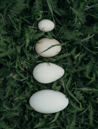 Four white eggs on green grass background. Top view. Toned.の写真素材