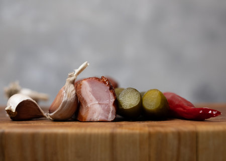 Smoked bacon, garlic, hot peppers, and pickles on a wooden boardの写真素材
