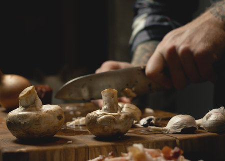 Man chopping mushrooms on wooden boardの写真素材