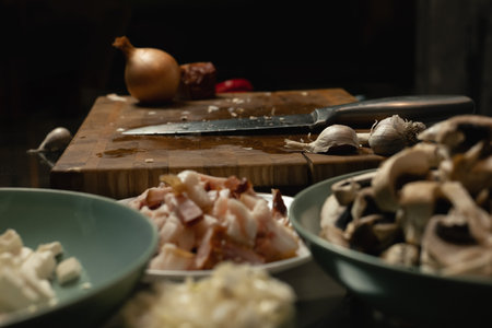 Prepared and chopped ingredients for cookingの写真素材