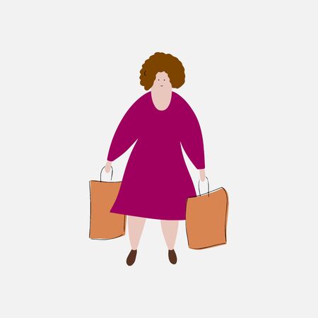 Caucasian woman carrying paper bags. Shopping, yard sale or clothes donation advertisement banner with white female cartoon illustrationのイラスト素材