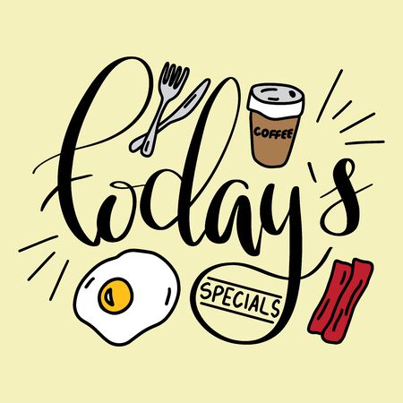 Colorful vector today's specials menu cover with bacon, fried eggs, coffee cup and utensils. Lettering and food elements for restaurant.のイラスト素材
