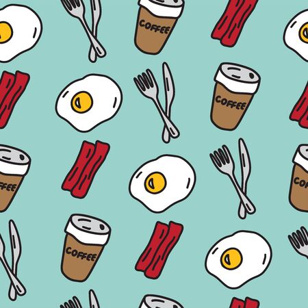 Colorful doodle food seamless pattern. Breakfast endless background. Restaurant textile print texture with eggs, bacon, coffee cup, knife and forkのイラスト素材