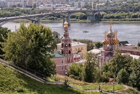 Nativity Church in Nizhny Novgorod summer view from the hill on the Volga River and the bridge