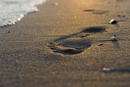 Footprint in the Sand at Sunset Close Upの写真素材