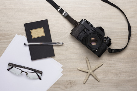 Summer Holiday Planing Background. Accessories on Table, Vacation and Travel Concept.の写真素材