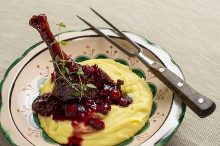 Roasted Duck Leg with Mashed Potatoes, Apples and Red Currants in Red Wine Sauceの写真素材