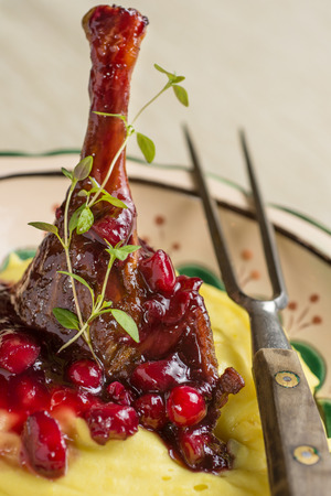 Roasted Duck Leg with Mashed Potatoes, Apples and Red Currants in Red Wine Sauceの写真素材