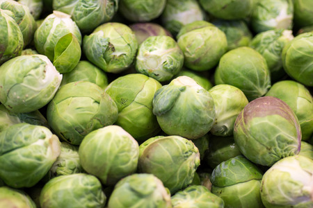 Pile of Green Brussels Sprout Close Up Background. Healthy Eating.の写真素材