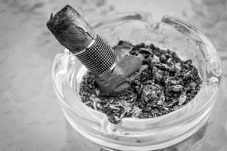 Extinguished Smoked Cigar in Round Glass Ashtrayの写真素材