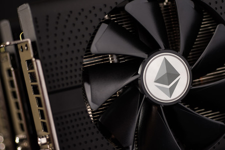 Ethereum Coin Digital Cryptocurrency Mining Rig Farm Using Graphic Cardsの写真素材