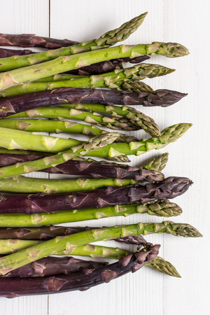 Fresh Asparagus Varieties on White Wooden Background. Copy Space.の写真素材