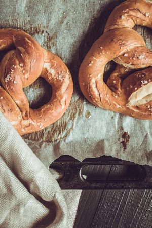 Pretzels From the Oven on Baking Sheet. Rustic Look.の写真素材