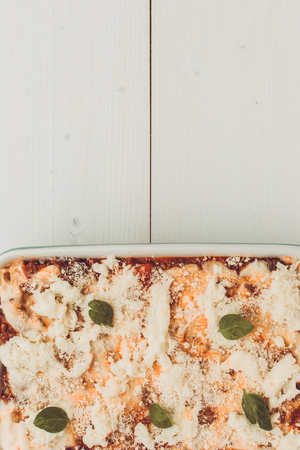 Lasagna Bolognese with Beef, Bolognese Sauce and Basil Ready for Bakingの写真素材