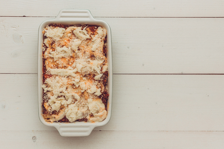 Lasagna Bolognese with Beef, Bolognese Sauce and Basil Ready for Bakingの写真素材