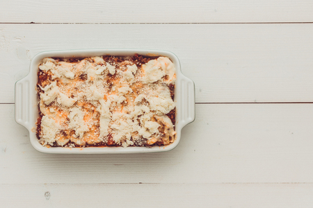 Lasagna Bolognese with Beef, Bolognese Sauce and Basil Ready for Bakingの写真素材