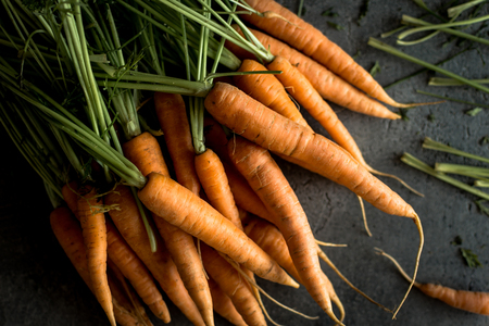 Organic Nantes Carrots on Rustic Dark Background.の写真素材