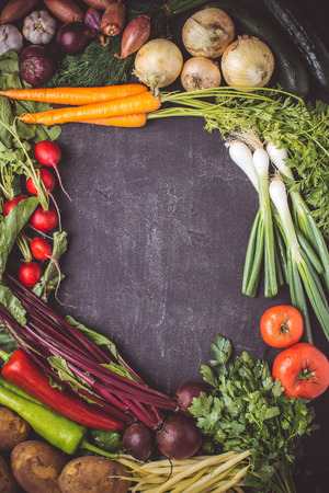 Fresh Vegetables on Dark Background. Vegan Raw Food. Mockup for Menu or Recipe. Healthy Eating Concept with Copy Space.の写真素材