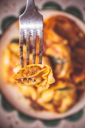 Fresh Tortellini with Tomato Sauce, Organic Mozzarella Cheese and Basil on Rustic Plateの写真素材