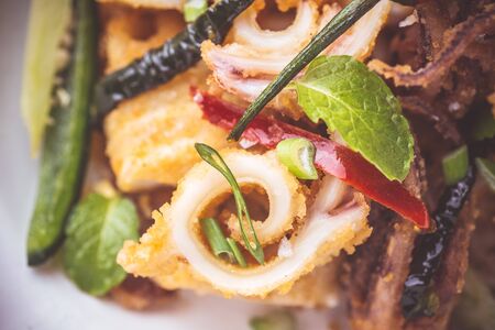 Fresh Fried Squid Calamari with Chili Pepper in Rustic White Plateの写真素材