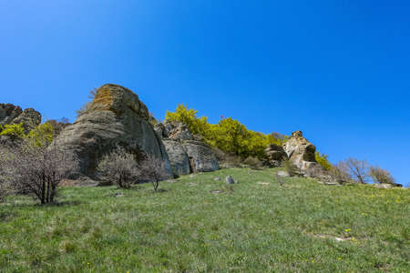 Ancient limestone high mountains of rounded shape in the air haze. The Valley of Ghosts. Demerji. Green trees and bushes in the foreground. May 2021. Crimea.の写真素材