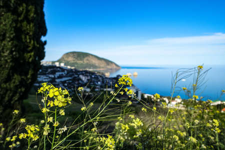 View of the Ayu-Dag mountain and the city of Gurzuf from the observation deck. Crimean Mountains. May. 2021. Crimea. Russia. The Crimean Peninsula.の写真素材