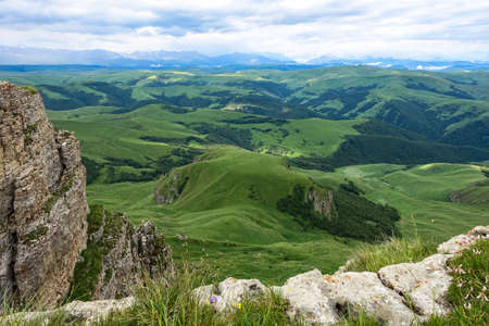 View of the mountains and the Bermamyt plateau in the Karachay-Cherkess Republic.の写真素材