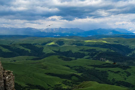 View of the mountains and the Bermamyt plateau in the Karachay-Cherkess Republic.の写真素材
