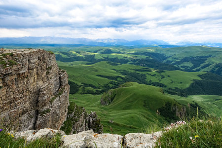 View of the mountains and the Bermamyt plateau in the Karachay-Cherkess Republic.の写真素材