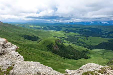 View of the mountains and the Bermamyt plateau in the Karachay-Cherkess Republic.の写真素材