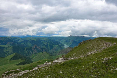 View of the mountains and the Bermamyt plateau in the Karachay-Cherkess Republic.の写真素材