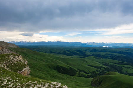View of Elbrus and the Bermamyt plateau in the Karachay-Cherkess Republic, Russia.の写真素材