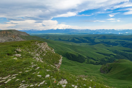 View of Elbrus and the Bermamyt plateau in the Karachay-Cherkess Republic, Russia.の写真素材