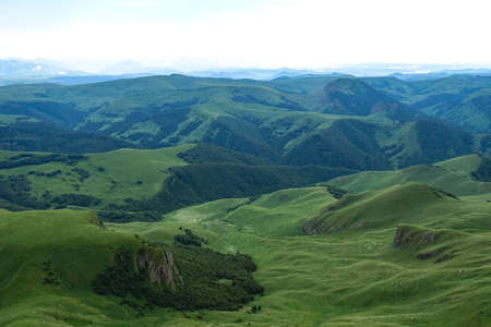 View of Elbrus and the Bermamyt plateau in the Karachay-Cherkess Republic, Russia.の写真素材