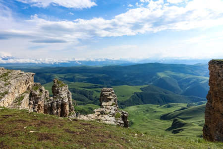 View of Elbrus and the Bermamyt plateau in the Karachay-Cherkess Republic, Russia.の写真素材