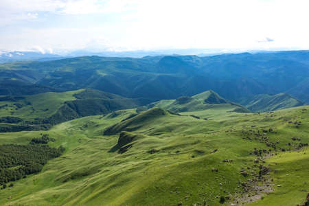 View of Elbrus and the Bermamyt plateau in the Karachay-Cherkess Republic, Russia.の写真素材