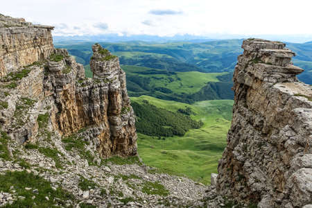 View of Elbrus and the Bermamyt plateau in the Karachay-Cherkess Republic, Russia.の写真素材