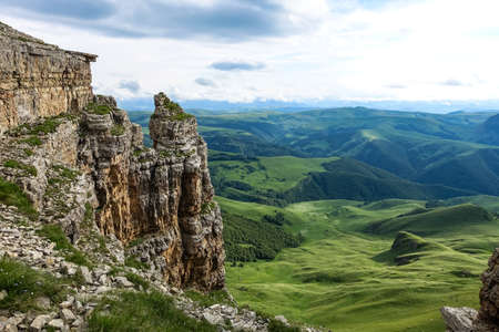 View of Elbrus and the Bermamyt plateau in the Karachay-Cherkess Republic, Russia.の写真素材