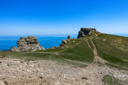 View of the Crimean Mountains plateau and the Black Sea from the top of the Demerdzhi.の写真素材